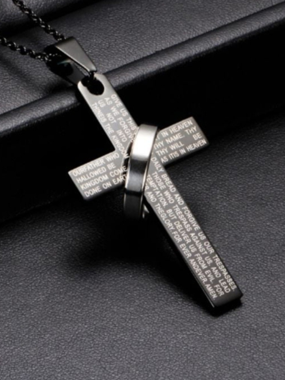 Men's Black Stainless Steel Prayer Cross Necklace 23.5" Chain